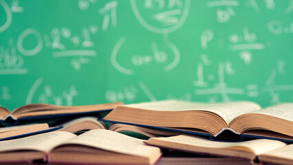 School books and pencils on desk, education concept