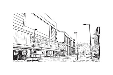 Building view with landmark of Norwich is a city in England. Hand drawn sketch illustration in vector