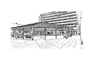 Building view with landmark of Norwich is a city in England. Hand drawn sketch illustration in vector