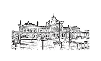 Building view with landmark of Norwich is a city in England. Hand drawn sketch illustration in vector