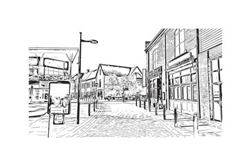 Building view with landmark of Norwich is a city in England. Hand drawn sketch illustration in vector