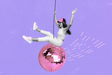 Creative painting collage postcard graphics of funny funky girl sit large big discoball enjoy party...