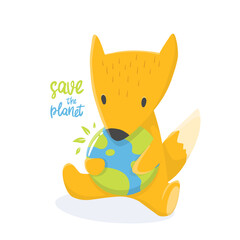 Cartoon illustration of an fox with earth in support of ecology. save the planet