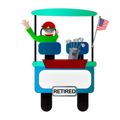 An illustration of a male golfer riding in a golf cart waving goodbye.   A text area is available on the backside of it.