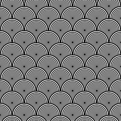 Seamless geometric pattern of concentric circles with halftone effect in black and white color, fish scales print