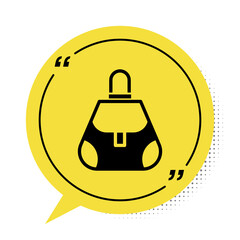 Black Handbag icon isolated on white background. Female handbag sign. Glamour casual baggage symbol. Yellow speech bubble symbol. Vector