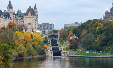 Rideau Canal Rideau Waterway autumn red leaves scenery. Fall foliage in Ottawa, Ontario, Canada.