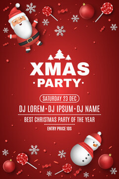 Christmas party poster with emotional cartoon santa lies with snowman, lollipops, candy, balls, snowflakes. New year disco flyer design. Vector illustration