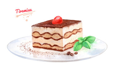 Watercolor illustration of Tiramisu dessert on plate