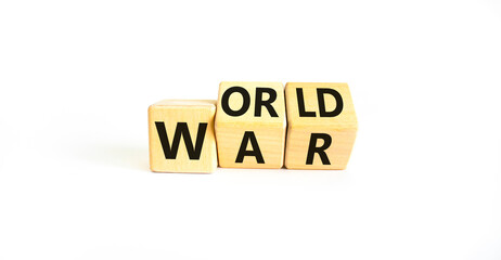 World war symbol. Concept words World war on wooden cubes. Beautiful white table white background. Business and World war concept. Copy space.