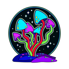 Magic acid trippy mushrooms print for t-shirt. Vector illustration of trippy acid psychedelic mushrooms on starry background. Mushrooms trippy print for posters