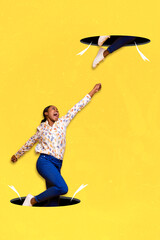 Vertical collage picture of cheerful excited person jump flying hole portal isolated on drawing yellow background