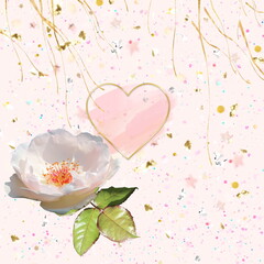  valentine and woman  day card with gold confetti  elements pink rose flowers and heart symbol wedding pastel color template 