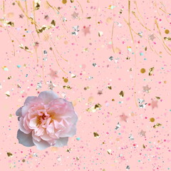  valentine and woman  day card with gold confetti  elements pink rose flowers and heart symbol wedding pastel color template 