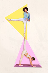 Vertical collage picture of two girls practicing yoga stretching leg hold dancing ballerina isolated on drawing background