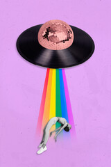 Vertical collage image of vinyl record disco ball ufo absorbing rainbow rays girl black white...