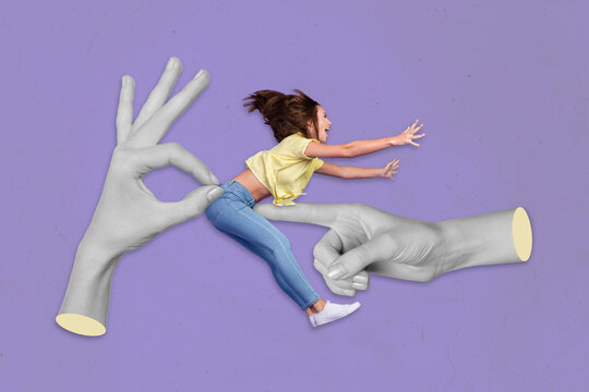 Composite collage picture of big human hands fingers hold touch overjoyed funny girl isolated on purple background