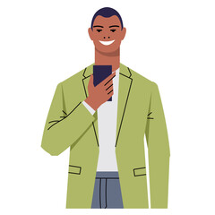 A black businessman in a suit is using a mobile phone. A smiling young man holds a device in his hand. Video call, online chat. Vector illustration isolated on white background. Flat style.