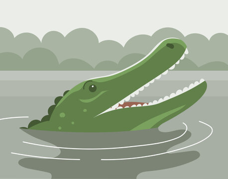 Green crocodile with open mouth. Head in the water. Aquatic carnivorous reptile. Toothy alligator and caiman. Predator hunter of Africa. Big animal on the river. Flat vector color illustration
