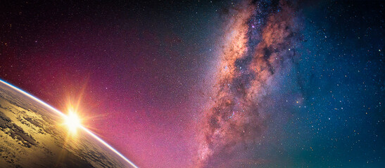 Landscape with Milky way galaxy. Sunrise and Earth view from space with Milky way galaxy. (Elements...