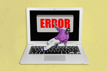 Collage photo of surrealistic fix computer laptop message error dancing guy bug professional worker...
