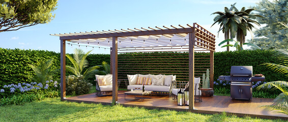 3D panoramic render of a luxury wooden teak deck with gas grill and furniture - obrazy, fototapety, plakaty
