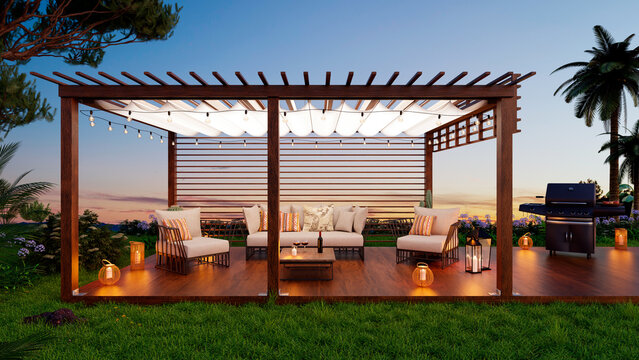 3D illustration of teak wooden deck with gas grill at dusk