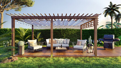 3D render of teak wooden deck with outdoor grill - obrazy, fototapety, plakaty