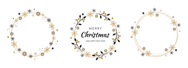 Merry Christmas and New Year wreath with black and golden ornaments. Postcard festive design announcements invitation posters. Winter garland isolated on white background