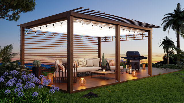 3D render side view of Teak wooden deck at twilight