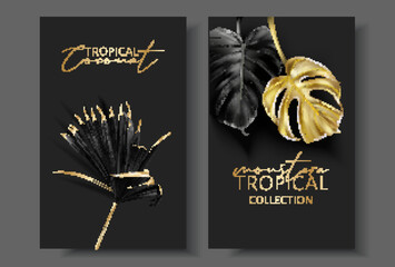 Vector cards with gold tropical leaves - 525146747
