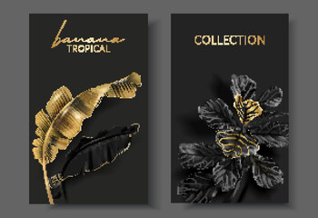 Vector cards with gold tropical leaves - 525146752