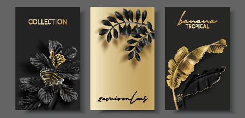 Vector cards with gold tropical leaves - 525146761