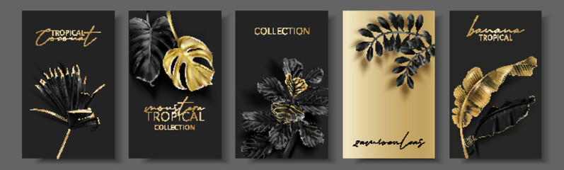 Vector cards set with gold tropical leaves