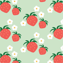 Colorfull seamless pattern with strawberries and flowers.