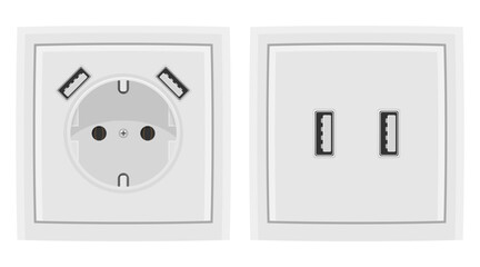 Electric European white sockets with usb connectors.
Isolated, realistic illustration.