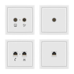 Electric white sockets with connectors for TV, Internet, home phone.
Isolated, realistic illustration.