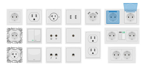 Large set of wall-mounted electrical socket and switches. Power Electrical Socket Various modern round switches vector realistic collection.