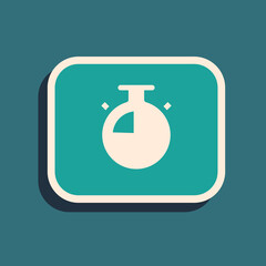 Green Stopwatch icon isolated on green background. Time timer sign. Chronometer sign. Long shadow style. Vector