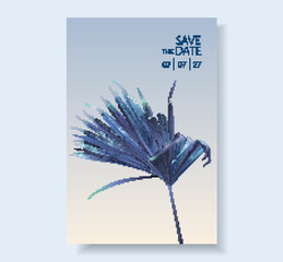 Vector wedding invitation card with blue tropical palm leaves. Save the date design for wedding ceremony. Can be used as tropical design for cosmetics, spa, perfume, beauty, greeting