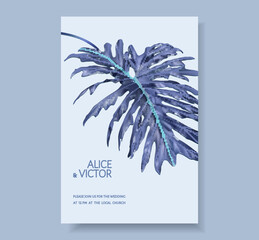 Vector wedding invitation card with blue tropical palm leaves. Save the date design for wedding ceremony. Can be used as tropical design for cosmetics, spa, perfume, beauty, greeting