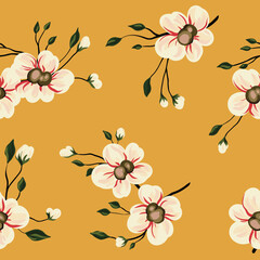 Fototapeta na wymiar Seamless floral pattern, romantic ditsy print with blooming branches on a yellow surface. Beautiful botanical background design with hand drawn plants, flowers, leaves on a branch. Vector.