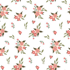 Obraz premium Seamless floral pattern, cute ditsy print with rustic motifs. Girly botanical background with small pink flowers, leaves in bouquets on a white surface. Vector illustration.