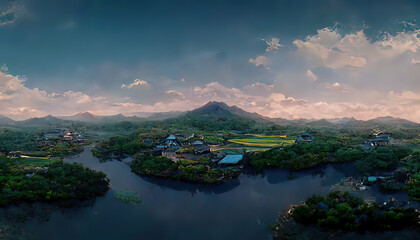 Fototapeta premium Japanese lanscape. Bird view, drone view. River with mountains in the distance. Agricultural landscape. Digital painting. Colorful sky, dusk. Traditional oriental countryside. Beautiful scenery.