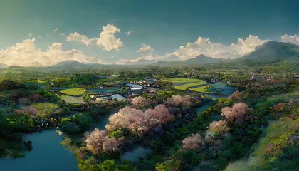 Gordijnen Japanese lanscape. Bird view, drone view. River with mountains in the distance. Agricultural landscape. Digital painting. Colorful sky, dusk. Traditional oriental countryside. Beautiful scenery. © Fortis Design