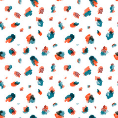 Abstract pattern of multicolored spots of different shapes. Red and blue colors. Seamless vector image.