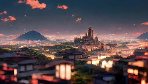 City at night anime drawing, cartoon style. Digital art. Digital painting. European city.