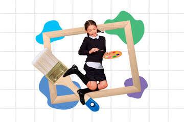 banner poster collage of school child do art courses paint color palette isolated white checkered notebook page background