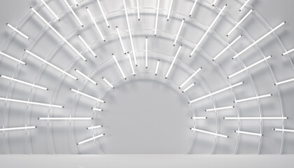 Abstract clean white podium room with glowing neon lamps in a circle from the center. Minimal background scene for product display. 3D render stage for showcase.
