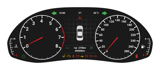 Fototapeta premium Car digital dashboard speedometer display fuel panel. Car cluster dashboard panel vector design template